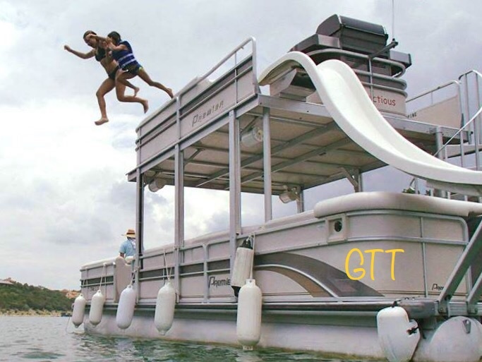 people jumping off pontoon boat rental with captain